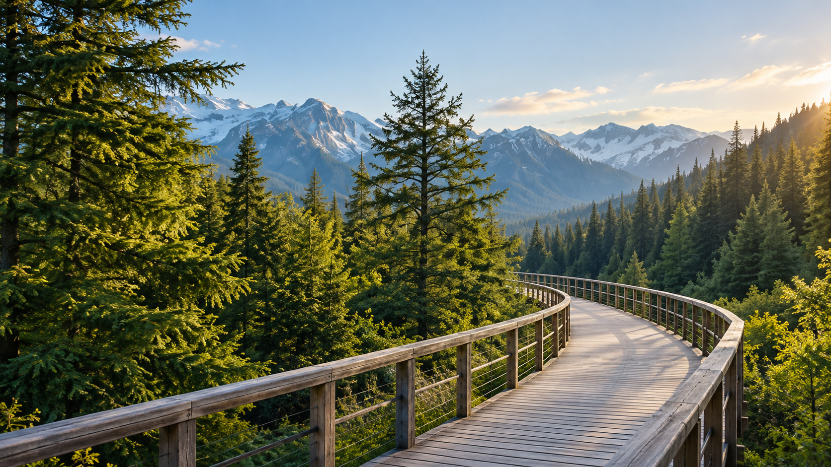 Curving Boardwalk to Snowy Peaks
